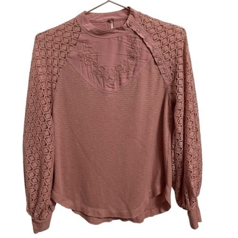 Free People Dusty Rose Waffle Knit Embroidered Crochet Balloon Sleeve Top XS